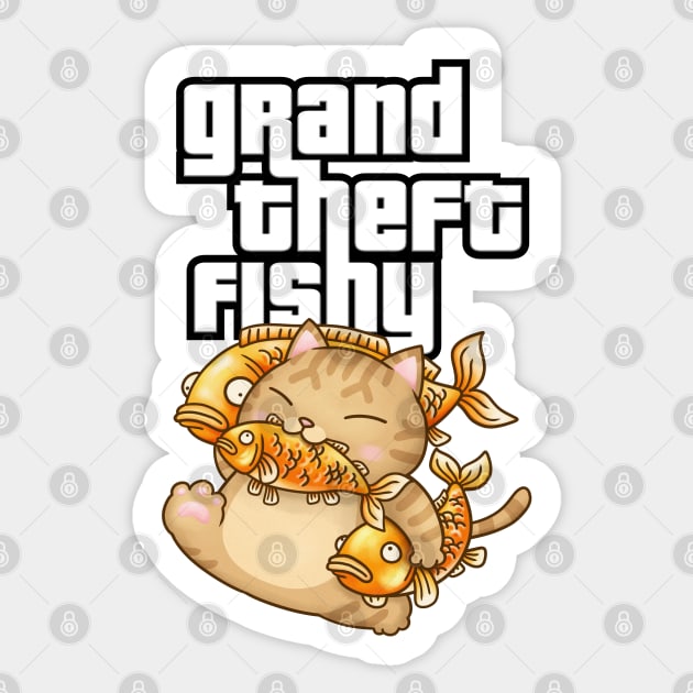 Grand Theft Fishy Cat Stealing Fish Sticker by Takeda_Art